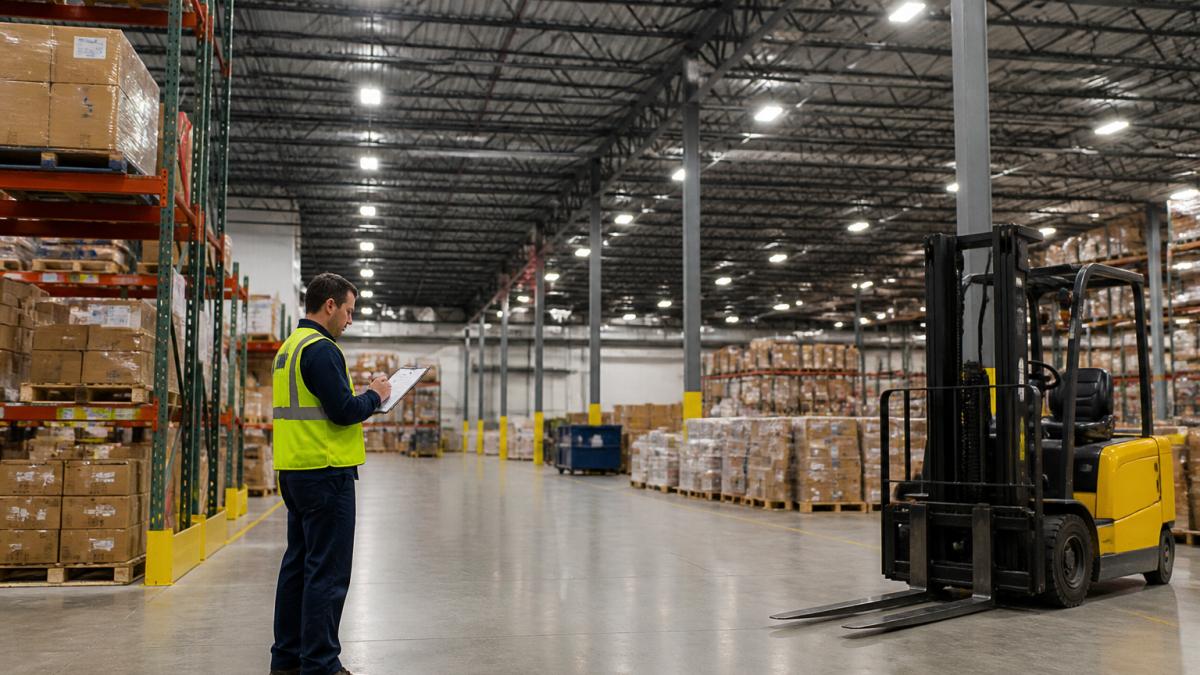 Worker in a safety vest checking inventory under bright LED high-bay warehouse lighting safety standards.