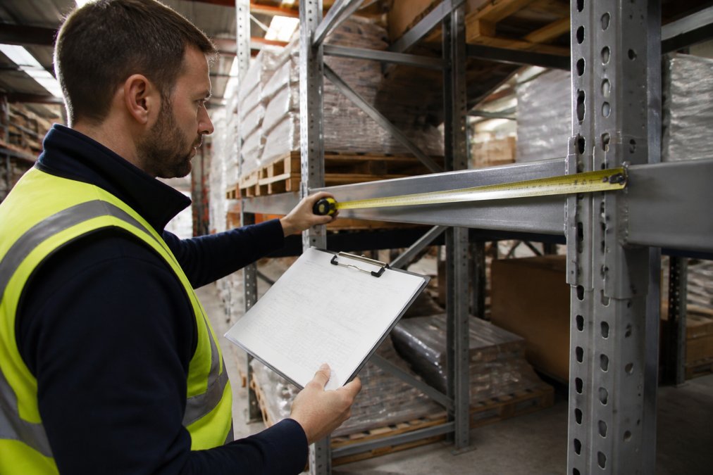 Warehouse manager measuring racking shelf dimensions with a metal tape measure, clipboard with load calculations and technical specifications visible in background, industrial metal shelving frame with pallets stacked in the distance, natural overhead warehouse lighting