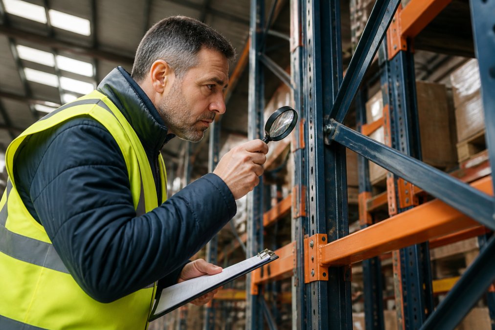 Safety inspector in high-visibility vest examining warehouse racking uprights and welded joints with a magnifying glass and checklist, looking closely at connection points and metal frame for signs of damage or wear, industrial racking system with pallets visible in the background, overhead warehouse lighting
