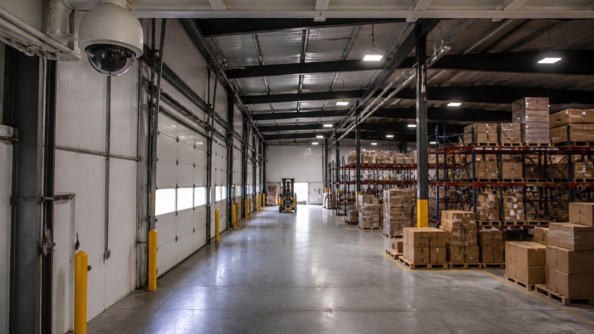 Warehouse interior with ceiling-mounted AI security cameras positioned at entry points and perimeter, showing clear sightlines across storage racks and floor space with professional lighting