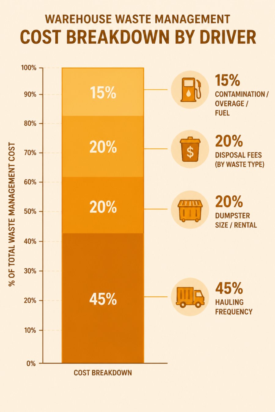 Stacked bar chart showing typical warehouse waste cost breakdown by driver: Hauling frequency 45%, Dumpster size/rental 20%, Disposal fees (by waste type) 20%, Contamination/overage/fuel 15%
