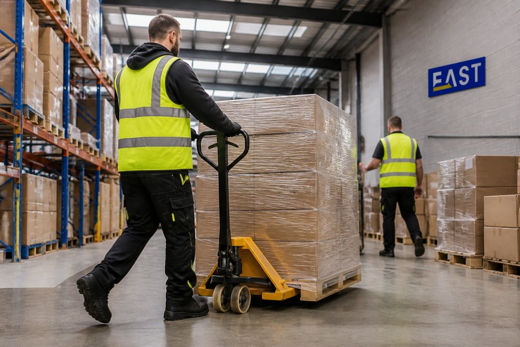Infographic illustrating essential warehouse workwear layers and high-visibility safety features for shift durability.