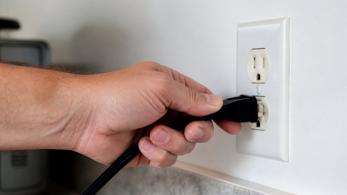 Diagram demonstrating the safe technique for unplugging a cord to prevent hazards from warm electrical outlets