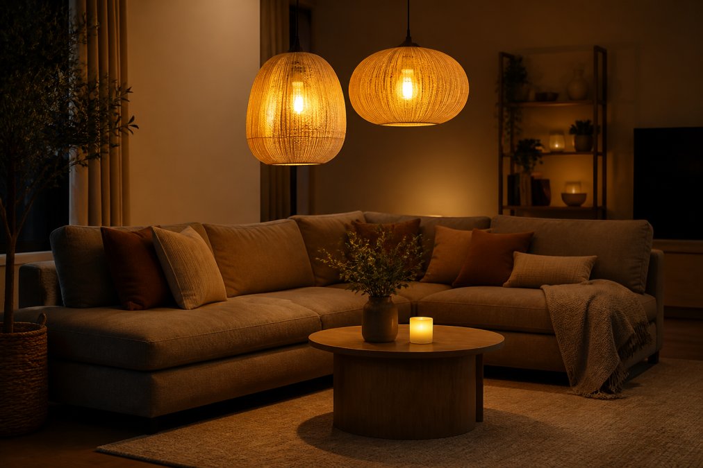 Cozy living room featuring pendant lamps with warm vs cool lighting that creates an intimate, golden atmosphere.