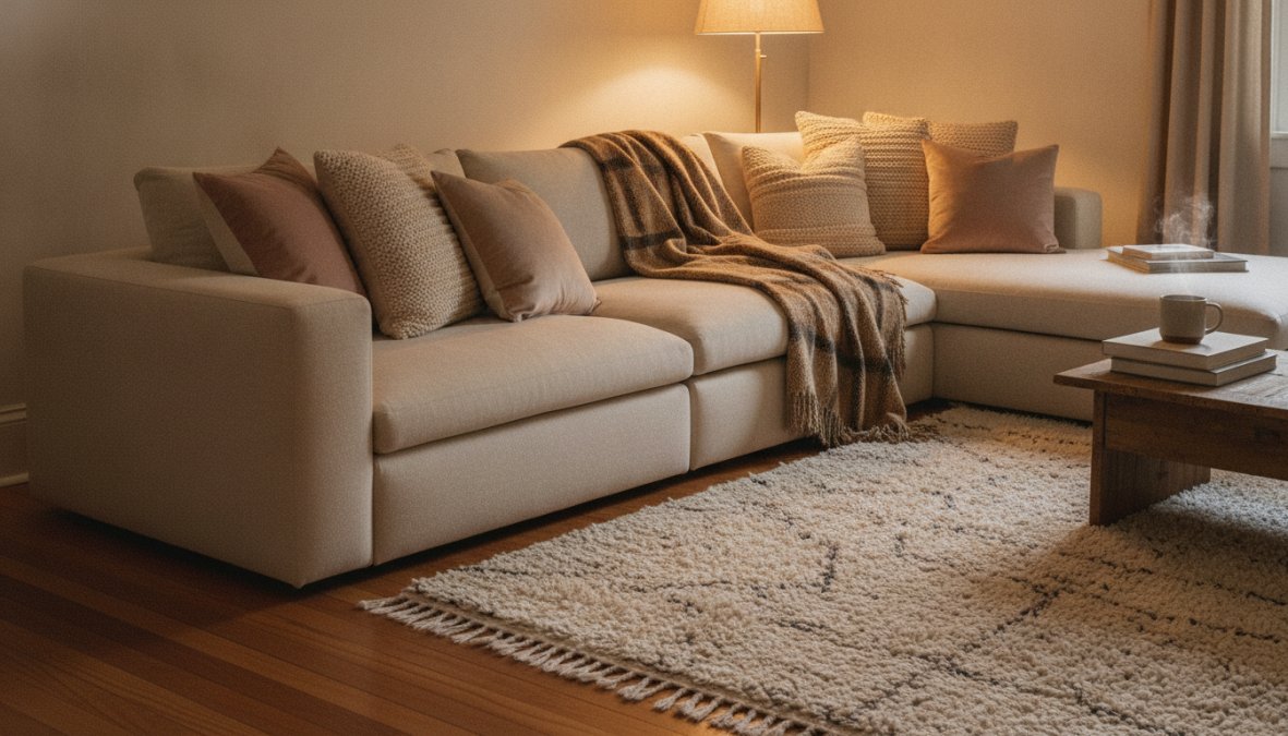 Gezellige woonkamer met zachte kussens, een vloerkleed en warme plaid voor een warme sfeer in huis bij sfeervol lamplicht.