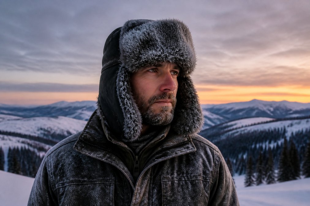 Person wearing a traditional ushanka fur hat with full ear and neck coverage standing in a snowy mountain landscape at dusk, with frost visible on the fur