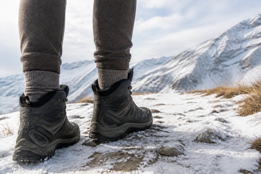 Person's feet in thermal alpaca socks while standing on snowy mountain trail, showing socks visible at ankle above hiking boots, with snow-covered landscape in background