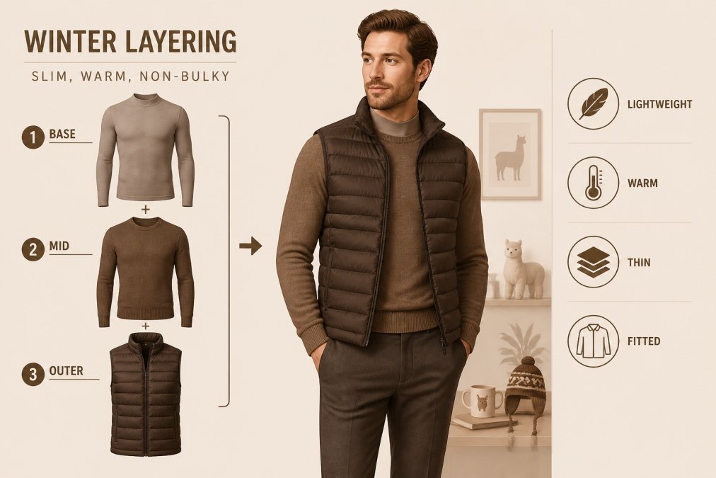 Person wearing a slim-fit alpaca base layer under a fitted sweater and lightweight puffer vest, standing indoors in professional casual attire, showing how layering looks simplified and fitted rather than puffy