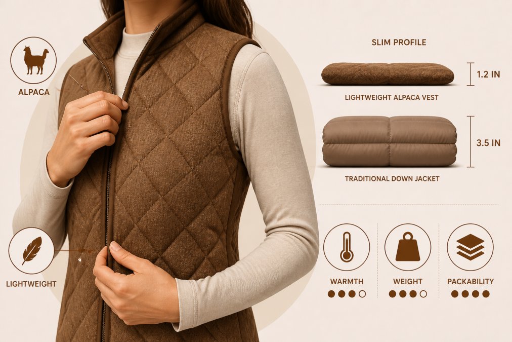 Close-up of someone adjusting a lightweight quilted alpaca vest over a long-sleeve base layer, hands visible adjusting the fit, showing the slim profile and natural texture of the material