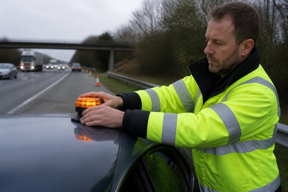 Warnlight vs LED-GPS: Safety Comparison 2026 Professional demonstrating proper magnetic mounting of an emergency beacon on a vehicle roof while parked safely on a motorway hard shoulder, showing correct positioning and activation