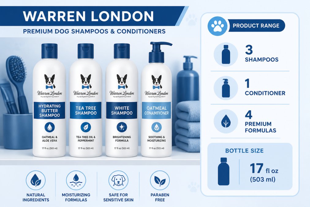 Close-up of Warren London shampoo and conditioner bottles displayed on a shelf with grooming products, showing product labels and formulations in soft natural lighting