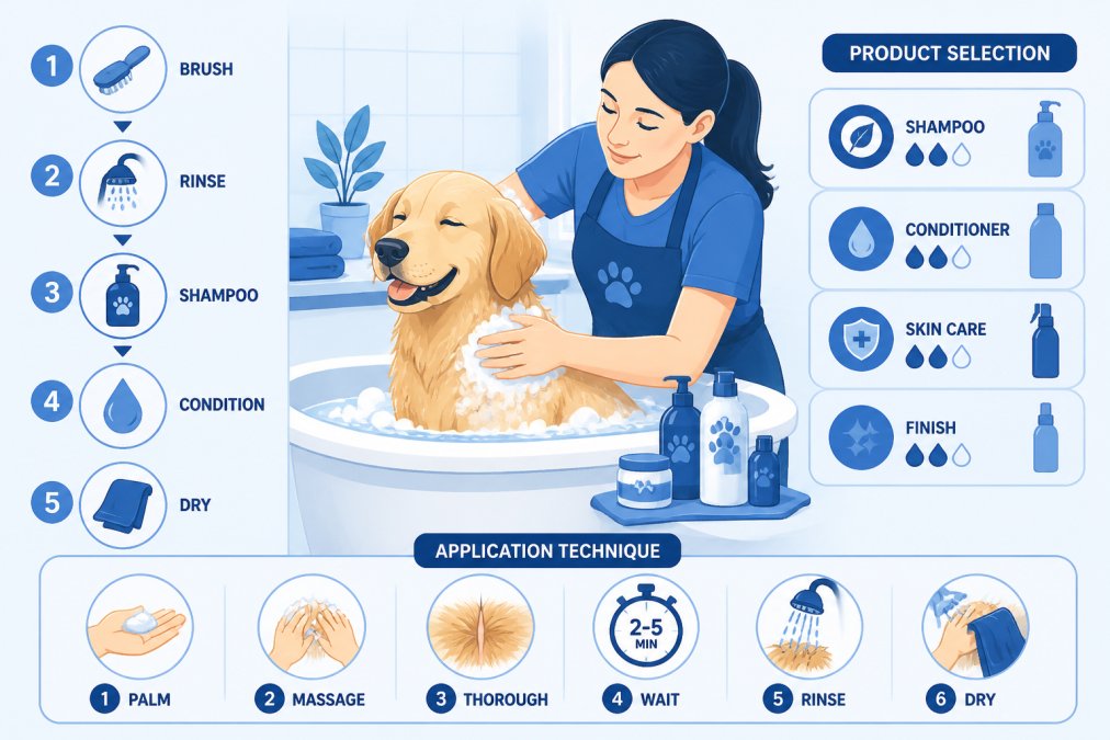 Pet owner gently bathing a dog with grooming products in a bathtub, showing careful application technique and the dog's calm, relaxed expression with warm natural lighting
