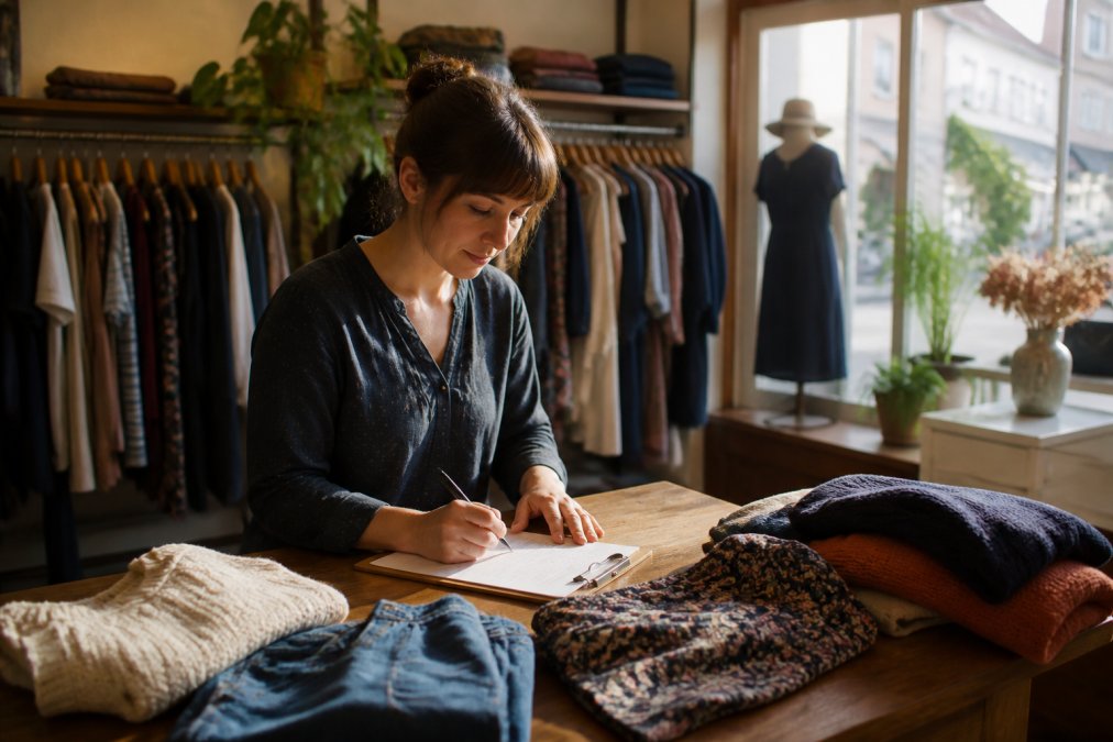 Inhaberin sortiert in ihrem gemütlichen Secondhand-Laden Kleidung und kalkuliert Preise für secondhand Mode teurer.