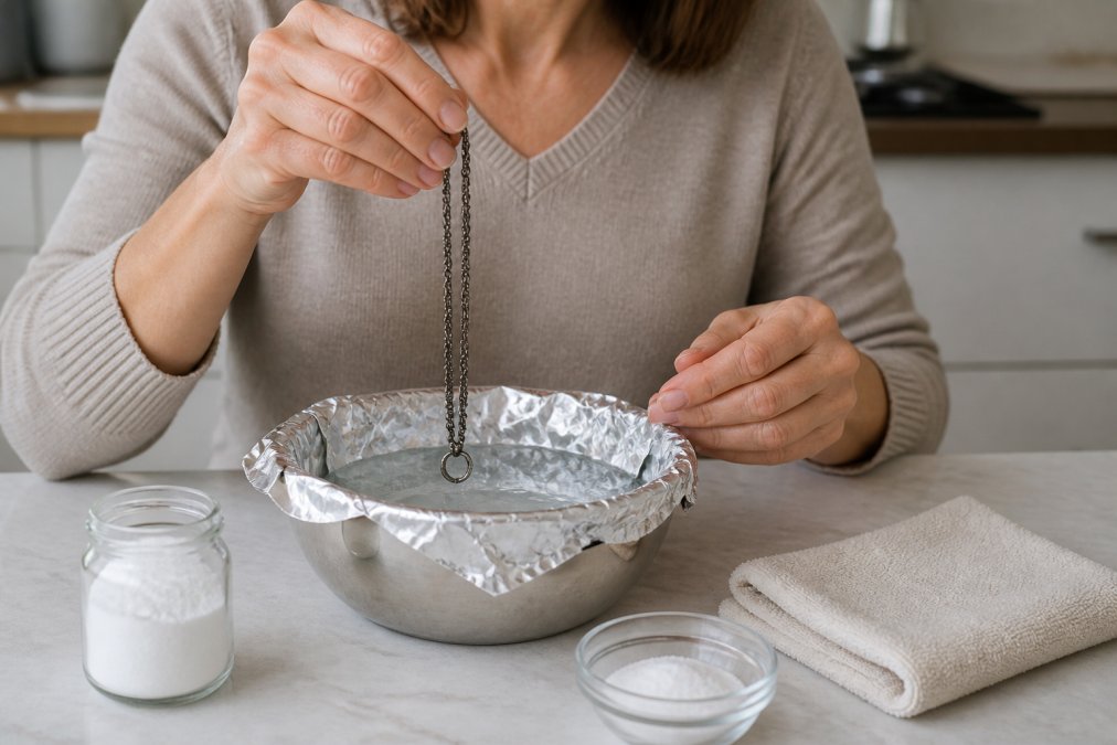 Eine Frau mittleren Alters hält eine angelaufene Silberkette über eine Schüssel mit Alufolie und warmem Wasser, daneben stehen Salz und ein weiches Tuch auf einer hellen Küchenarbeitsplatte