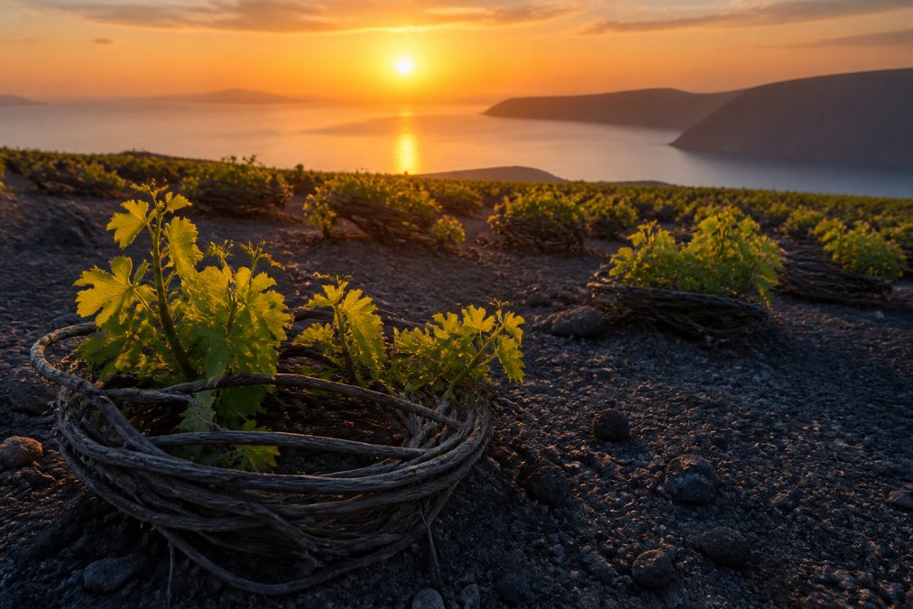 Korbartig geflochtene Reben auf vulkanischem Boden für griechischen Wein vor der Ägäis bei Sonnenuntergang.