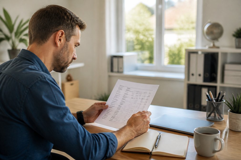 Person sitzt am Schreibtisch vor einem Laptop und schaut auf eine ausgedruckte Kostenübersicht, daneben ein aufgeschlagenes Notizbuch und eine Kaffeetasse, helles modernes Heimbüro mit großem Fenster und natürlichem Tageslicht