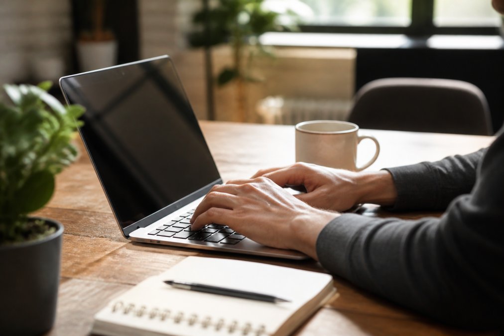Nahaufnahme von Händen, die auf einer Laptop-Tastatur tippen, auf dem Bildschirm ist ein WordPress-Dashboard mit Menüstruktur und Beitragsübersicht zu sehen, entspannte Arbeitsatmosphäre bei warmem Bürolicht