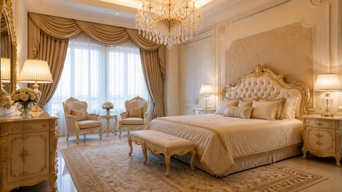 Elegantes Luxushotel-Zimmer mit maßgefertigten Barockstil-Möbeln, exquisiter Kronleuchter-Beleuchtung, luxuriösem Bett mit hochwertigem Bettzeug, harmonischer Farbpalette in Creme und Gold, die Eleganz und Wohlbefinden ausstrahlt
