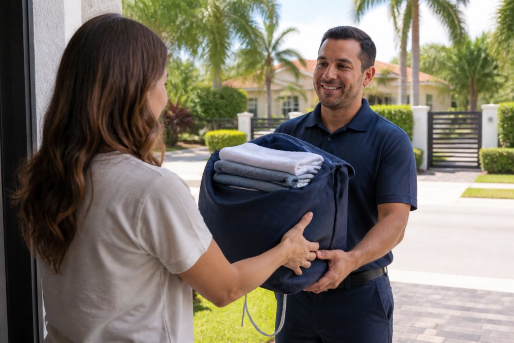A friendly laundry service driver handing a neatly folded stack of clean clothes in a branded laundry bag to a customer at their front door in a sunny Miami residential neighborhood