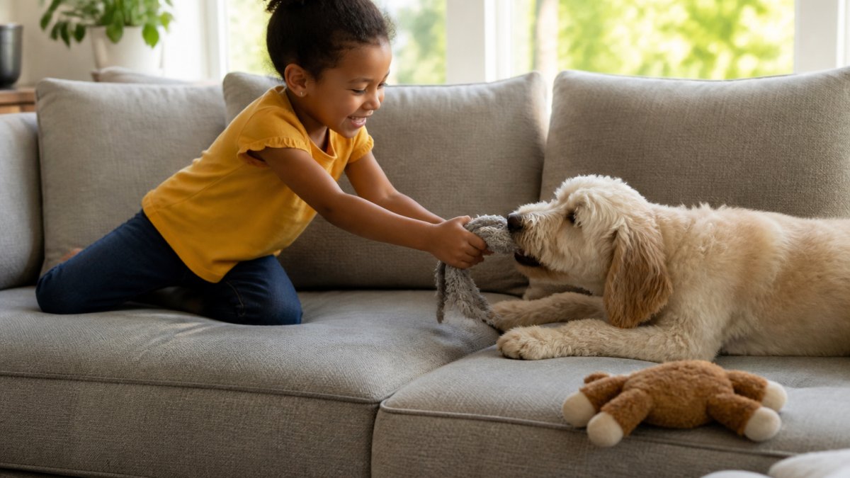 Child and dog playing together on a durable fabric sofa in a bright living room, with natural daylight streaming through a window, showing the sofa's texture and a pet toy nearby