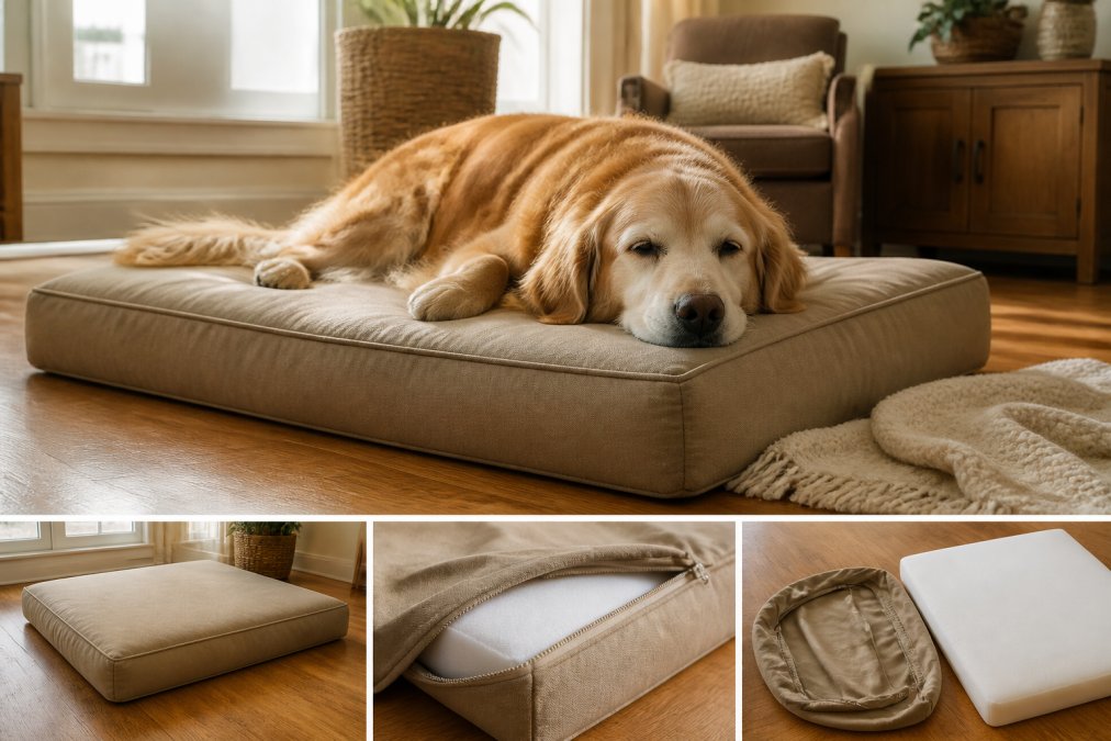 A large senior golden retriever resting with eyes half-closed on a thick memory foam dog bed with a removable khaki cover, placed in a sunlit living room with wooden floors and a soft blanket nearby
