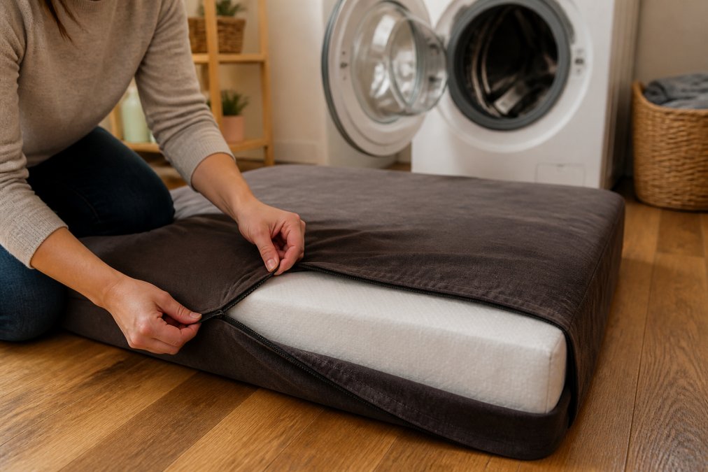 A person's hands unzipping the removable fabric cover from a thick memory foam dog bed on a wooden floor, with a front-loading washing machine visible and open in the background under warm indoor lighting