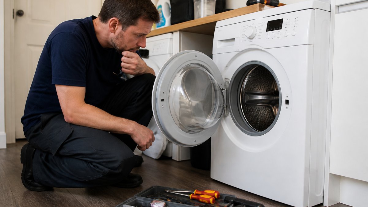Homeowner kneeling in a laundry room with tools, contemplating washing machine repair on an open unit.