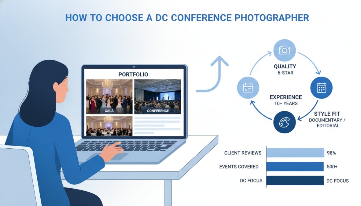 Event planner seated at a desk reviewing high-resolution conference photographs on a laptop screen, with a printed portfolio of gala and corporate photography examples spread open beside the laptop, warm office lighting, focused and professional setting