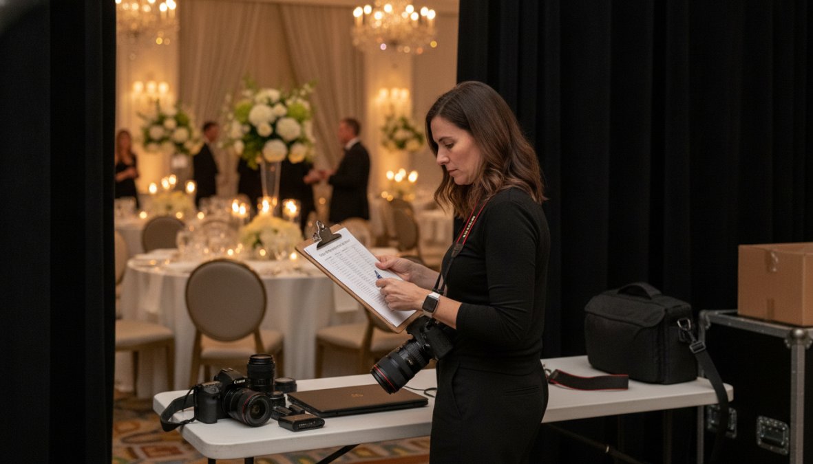 A photographer reviewing a printed shot list on a clipboard backstage at a gala event, with elegant table settings and soft candlelight visible in the background, the photographer wearing a dark jacket and focused expression