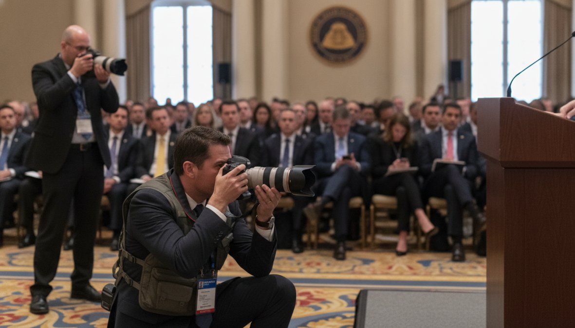 Professional photographer with a 70-200mm telephoto lens positioned at the back of a large conference hall, capturing a speaker at a lit podium with rows of seated attendees and projection screens visible in the background, warm stage lighting contrasting with cooler ambient room light