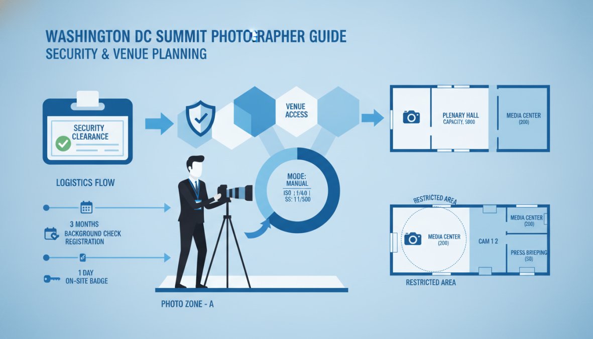 A professional event photographer in business casual attire reviewing credentials at a security checkpoint inside a modern Washington DC convention center lobby, camera bag over shoulder, credential badge visible, security personnel in background