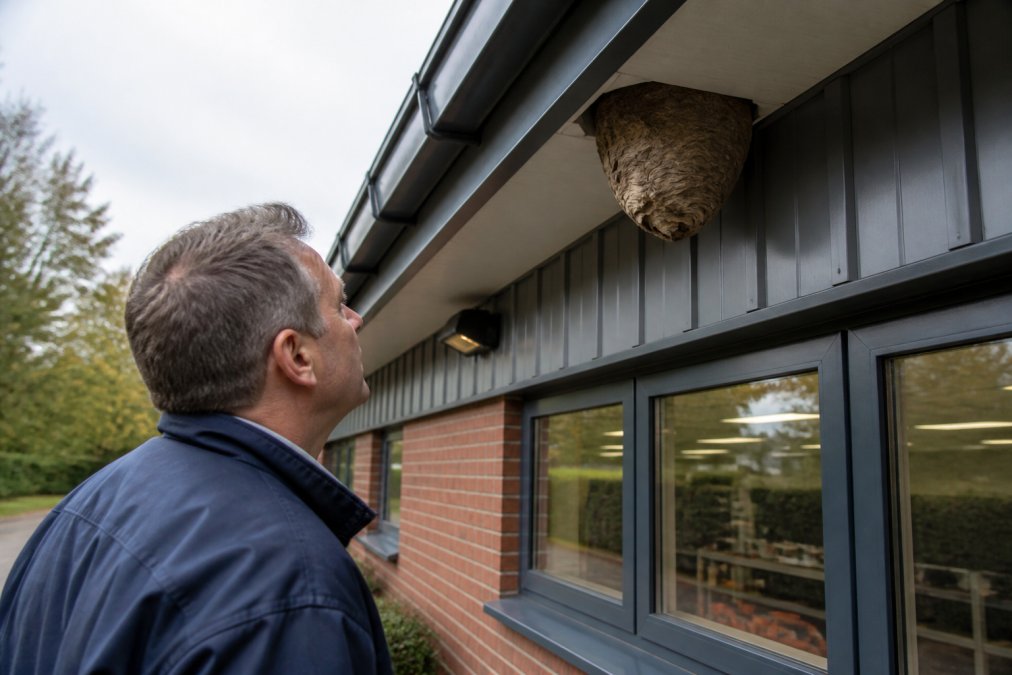 Business owner or facility manager examining a large wasp nest built into the eaves of a commercial building exterior, showing the proximity to occupied workspace, with natural daylight highlighting the nest structure and potential safety hazard