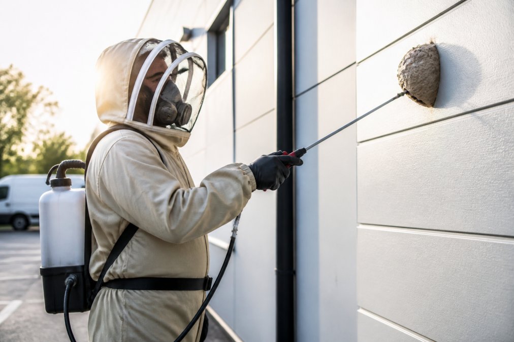Professional pest control technician in full protective equipment and safety gear, holding specialised treatment equipment, preparing to treat a wasp nest on the exterior of a commercial building facade, with morning sunlight illuminating the scene