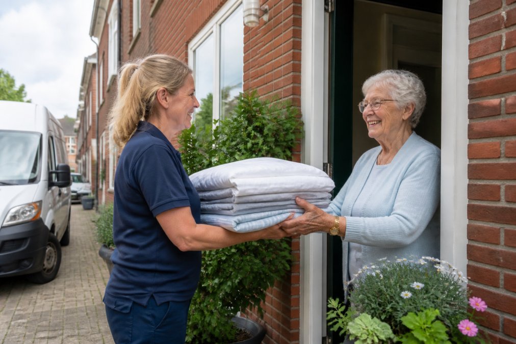 Medewerker van een wasserij bezorgt schoon wassen en strijken aan huis bij een oudere mevrouw bij haar voordeur.