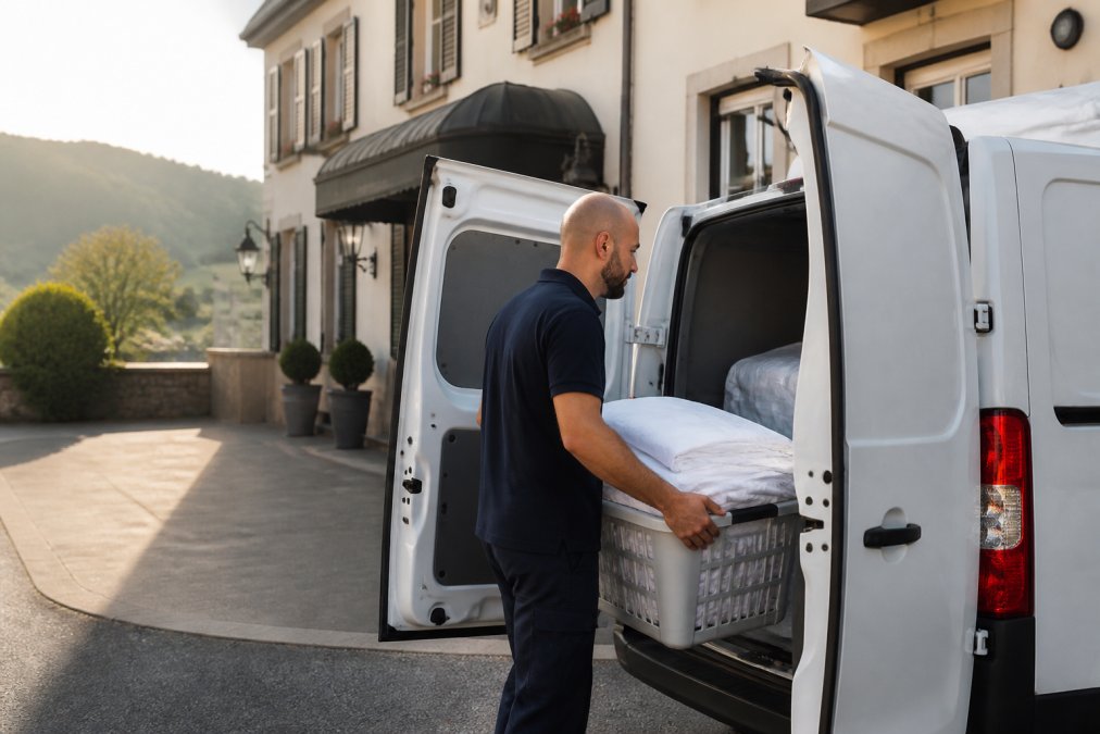 Medewerker van een regionale wasserij laadt een grote wasmand met gestreken hoteltextiel in een witte bestelbus bij het ochtendlicht, achtergrond van een klein hotel in Zuid-Limburg