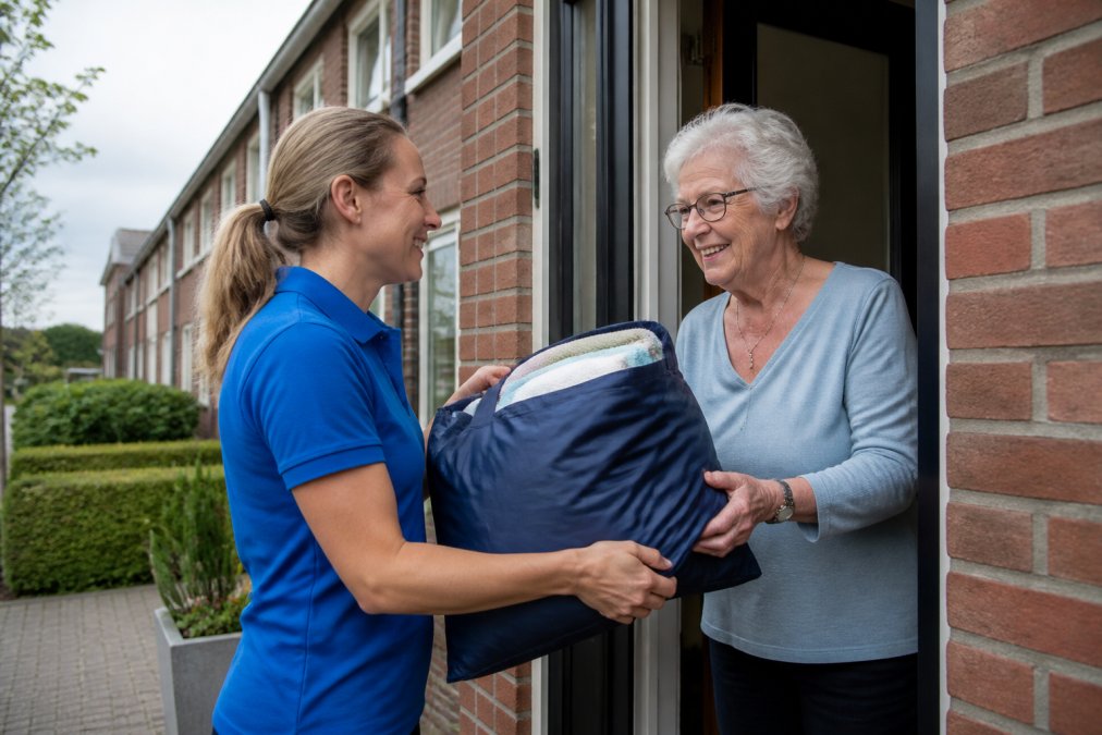 Een vriendelijke medewerker in uniform overhandigt een frisse zak schoon wasgoed aan een oudere mevrouw bij de voordeur van een rijtjeshuis in een Limburgse woonwijk, zacht daglicht, warme en vertrouwde sfeer