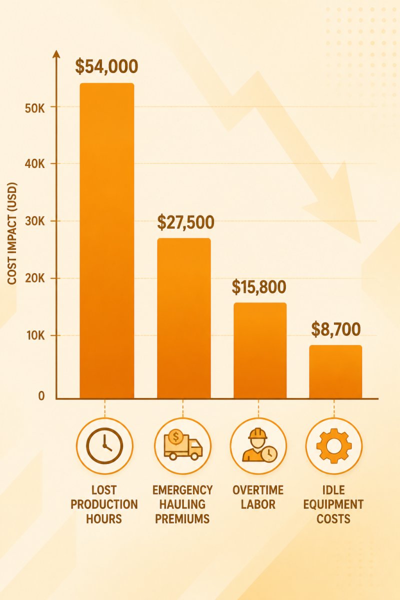 Bar chart showing cascading cost impact of waste compaction downtime across four categories: lost production hours, emergency hauling premiums, overtime labor, and idle equipment costs