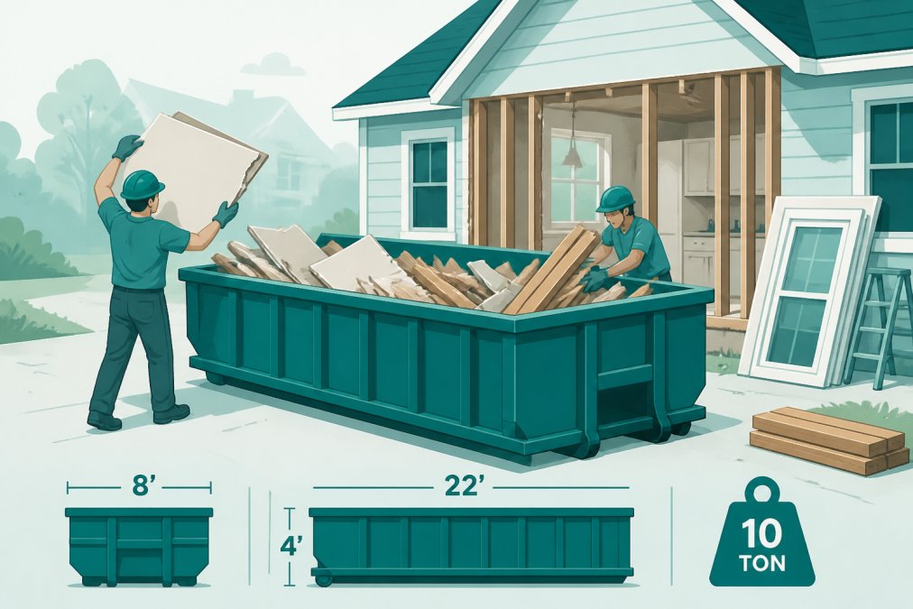 Construction site showing a roll-off dumpster positioned near a residential home during renovation, with workers loading debris including drywall scraps and wooden materials into the container, bright daylight illuminating the work area