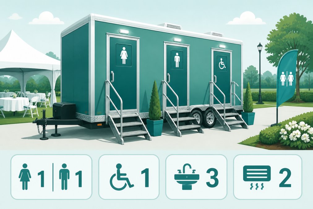 Clean, modern portable restroom trailer positioned on an outdoor event site with manicured landscaping and blue sky visible, showing the professional appearance and cleanliness of well-maintained sanitation equipment