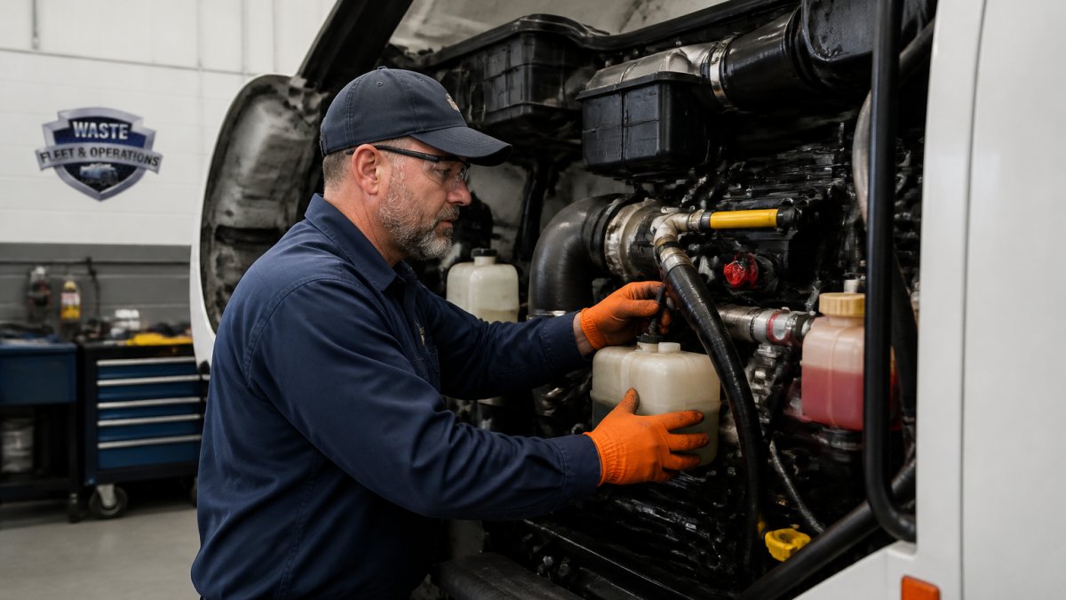 Technician performing hands-on inspection of waste truck engine compartment, checking fluid levels and hose connections under bright shop lighting