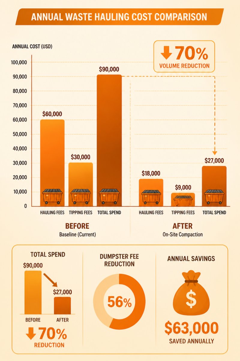 Bar chart showing waste hauling cost reduction through 70% volume compaction and 56% lower dumpster fees.