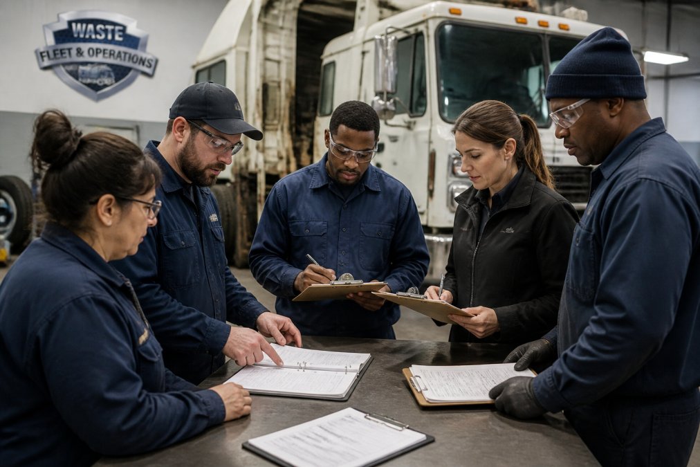 Maintenance technicians and operations managers reviewing vehicle inspection records and maintenance logs together in a fleet garage, discussing findings with clipboards and tablets