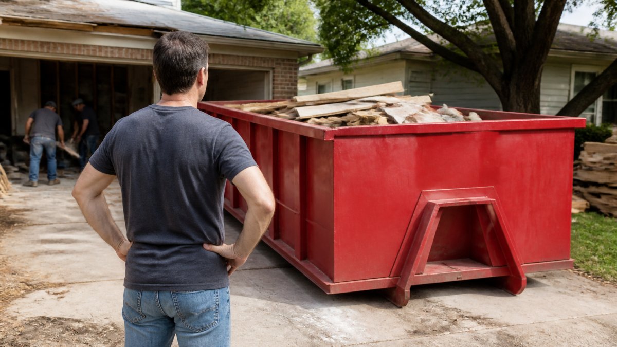 Homeowner standing in front of a roll-off dumpster positioned in a residential driveway during a renovation project, with construction debris visible and workers in the background