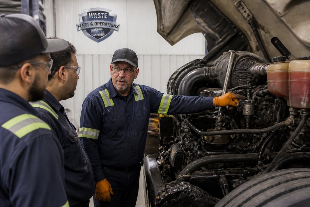 Experienced fleet technician demonstrating preventive maintenance techniques on a waste truck engine, showing proper inspection points and fluid checks with hands-on instruction