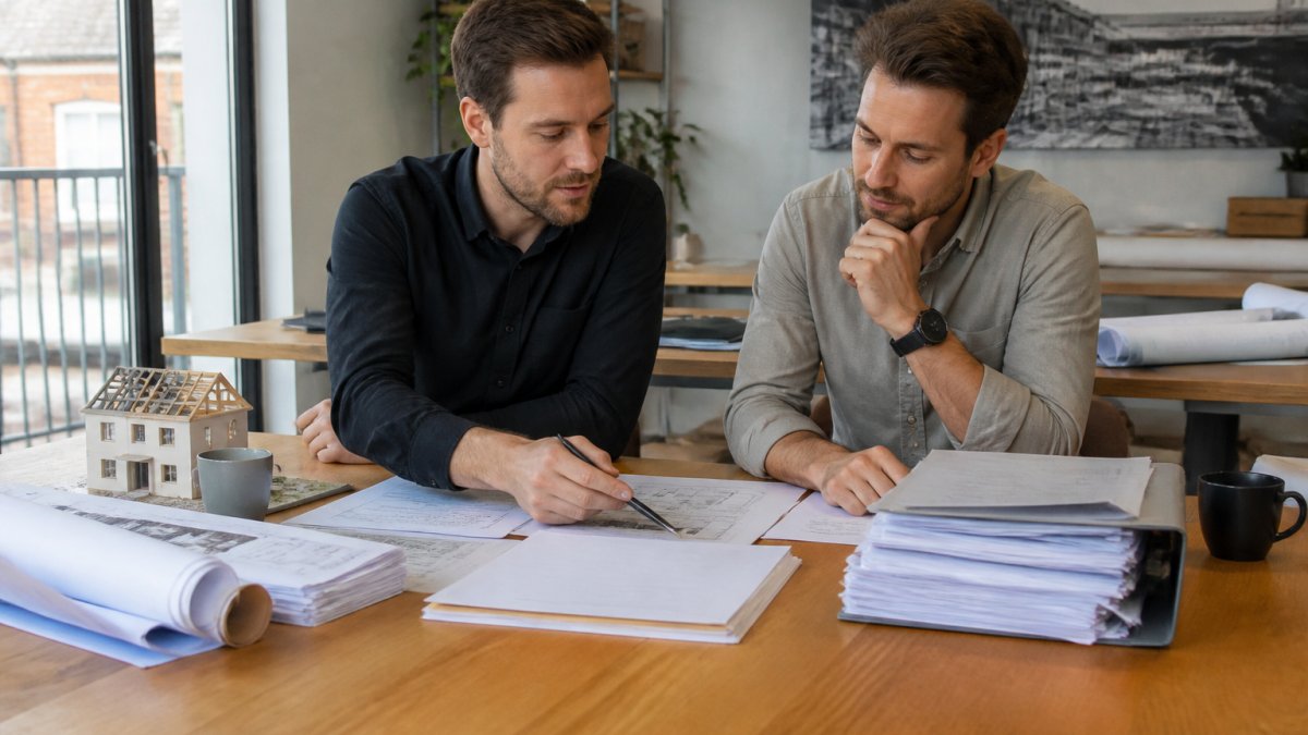 Ondernemers aan een tafel met documenten, notariële akten en contracten, werkend aan hun oprichtingsproces met laptop en koffie erbij
