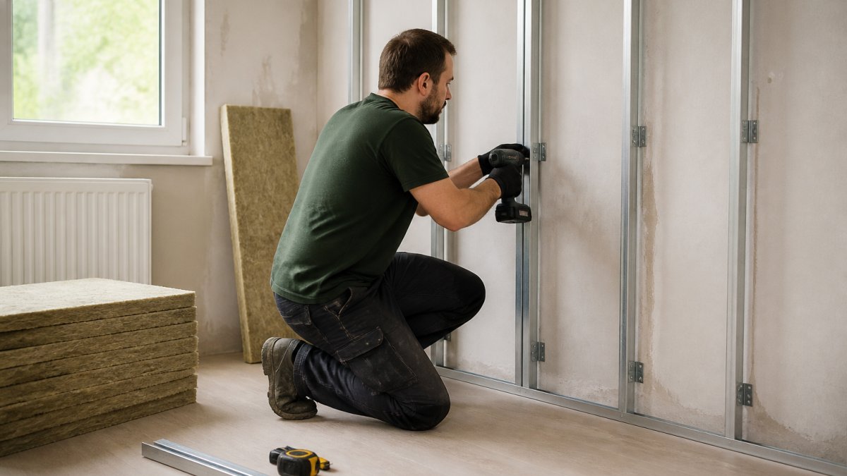 Doe-het-zelver monteert metalen veerregels op een slaapkamermuur voor optimale geluidsisolatie met steenwol.