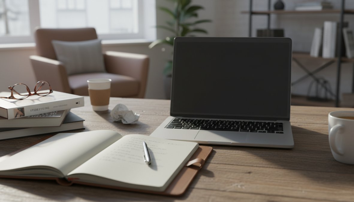 Wat is een StoryBrand website? De complete gids (2025) 1 Een ondernemer zit aan een opgeruimd bureau met een open notitieboek en laptop, bezig met het uitschrijven van een merkstrategie in een lichte, moderne werkruimte