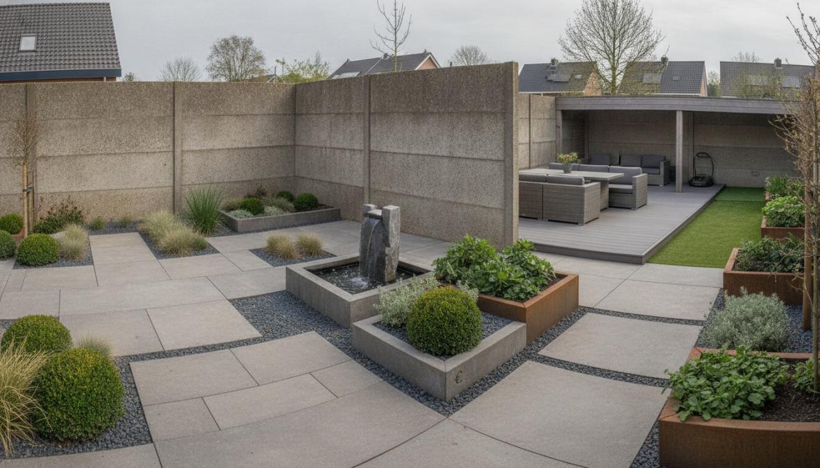 A modern Dutch front garden on a quiet residential street, featuring a tall grey concrete fence panel along the boundary, decorative white gravel ground cover, compact evergreen shrubs in geometric arrangement, and a clean straight concrete path leading to a red brick front door, photographed in bright morning light