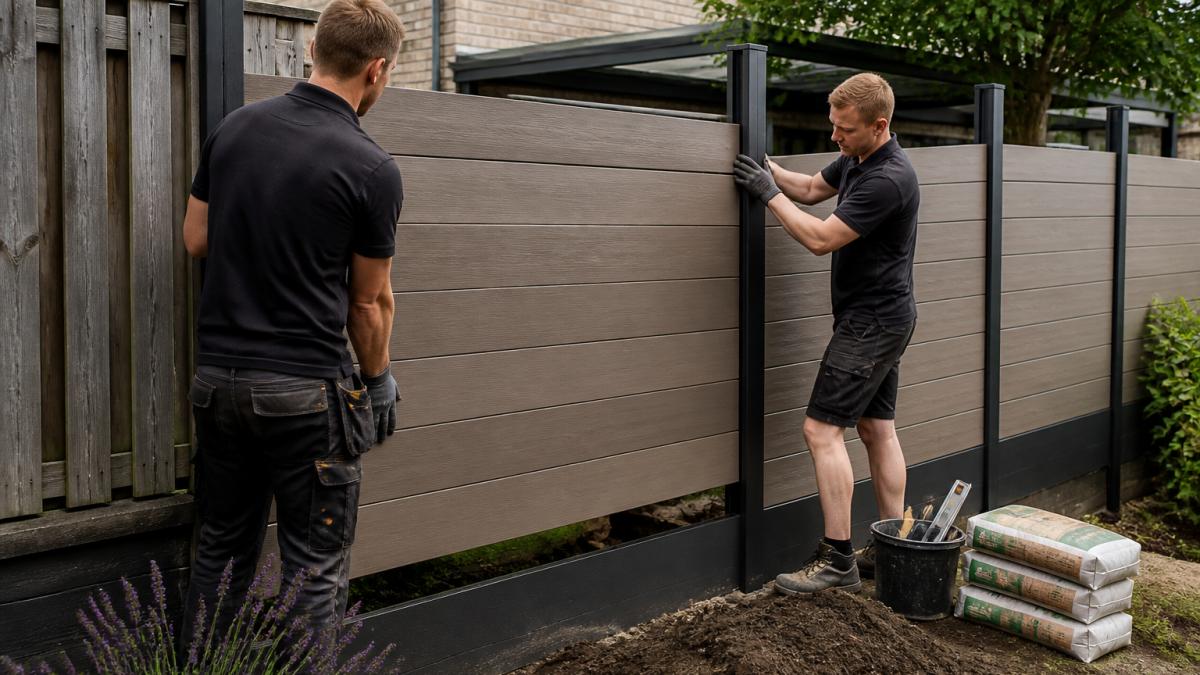Twee mensen plaatsen een composiet schutting tussen aluminium palen in een Nederlandse achtertuin.
