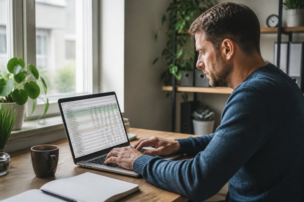 Persoon achter een laptop met een overzicht van webhosting per maand in een rustige thuiswerkplek